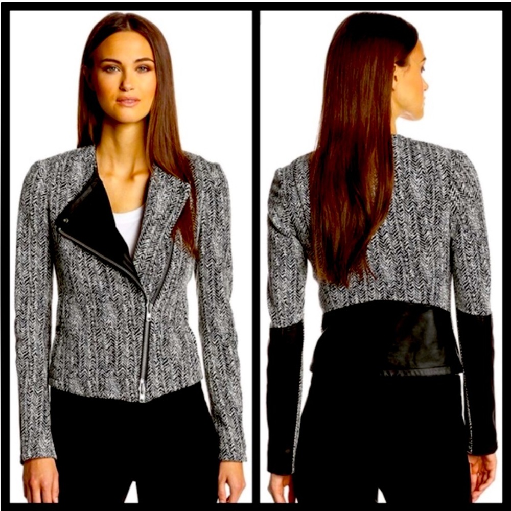 Theory Joean Goat Leather and Tweed Zipped Moto Jacket